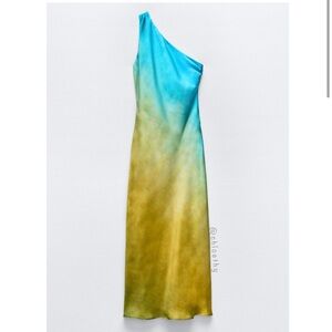 Zara Blue and Yellow One-Shoulder Maxi Dress